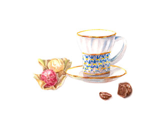 Watercolor Illustration. Can be used as romantic background for web pages, invitations, postcards, textile design, patterns, prints for kitchen, menu, restaurants. Chocolate, cup.