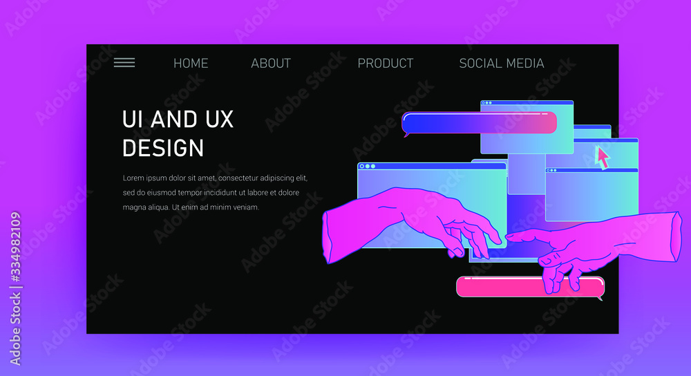 Leinwandbilder Web site template for UI and UX design, technical support or customer servises page. Hands with user interface elements.