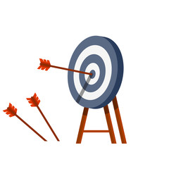 Target for arrows. Business concept several attempts. Shooting and championship. Cartoon flat illustration. Hit and miss on target. Red and white aim. Competition and victory
