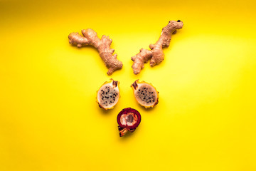 Fototapeta premium Two Pitaya (Pitahaya) also Known as Dragon Fruit from the Family Cactaceae, Half a Mangosteen (Garcinia Mangostana) and Two Pieces of Ginger that Form the Face of a Deer on a Yellow Background
