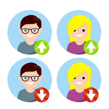 Set of avatars of man and woman in circle for social network. Human head. Rise and fall icon. Red and green Arrow up and down. Statistics, top and ranking. Flat cartoon. Young boy and girl.