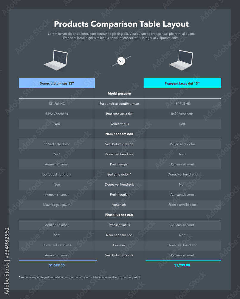 Poster Two products comparison table layout with place for description - dark version. Modern flat infographic design template for website or presentation.