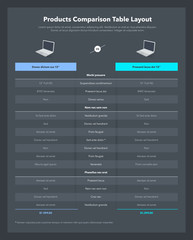Two products comparison table layout with place for description - dark version. Modern flat infographic design template for website or presentation.