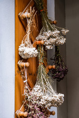 Dried flower and herbs bouquets hanging on vintage wooden hanger on white wall background. Wild dry chamomile and herbs for tea or decoration. Hipster nature tea shop entrance. Vertical, close up