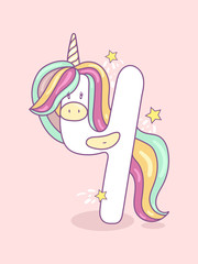 Cute vector birthday cards with unicorns. Number four.