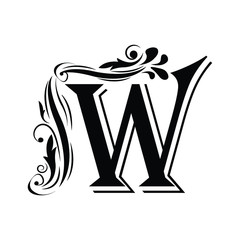 letter W. Vintage black flower ornament initial letters.  Alphabet. Logo vector 