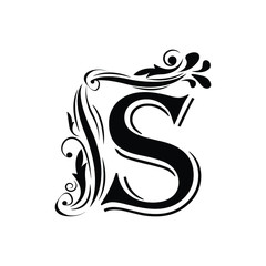 letter S. Vintage black flower ornament initial letters.  Alphabet. Logo vector 