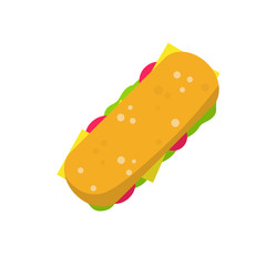 Sandwich and Long burger with meat and vegetables. Cartoon flat illustration. Ciabatta bread. Street food and fast food element
