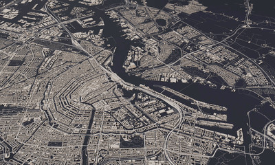 Amsterdam, Netherlands city map 3D Rendering. Aerial satellite view.