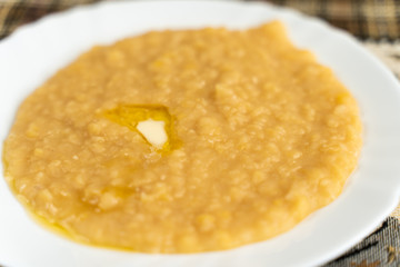 Yellow pea puree in a plate