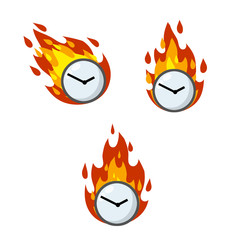 Clock is on fire. Last-minute deadlines. Set of dials in flames. Late and delayed. Business icon. Cartoon flat illustration. Lack of time and haste