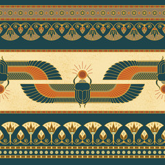 Symbols of ancient Egypt with an illustration of a woman with wings, lotus, horizontal seamless pattern and other symbols