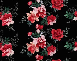 Gardinen Vintage Blumen Seamless floral pattern with peonies on dark background, watercolor. Template design for textiles, interior, clothes, wallpaper. Botanical art  © ola-la