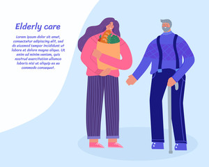  A female volunteer helps an elderly person. Helping the elderly. Vector illustration with place for your text.