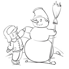 boy in winter clothes built a snowman out of the snow outline drawing, isolated object on a white background, vector illustration, eps