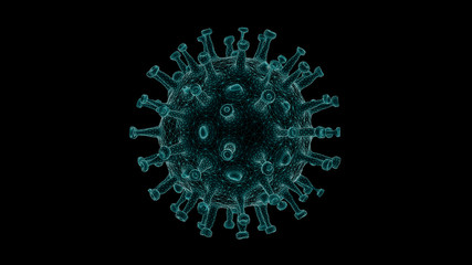Coronavirus COVID-19 Blue Tech Wireframe Virus on Black
