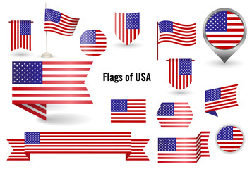 A large set of icons and signs with the flag of the USA. Square and round US flag. Collection of different types of horizontal and vertical.