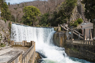The artificial New Athos waterfall on the river Psyrtskha. Famous tourist sightseeings in New Athos or Akhali Atoni, Abkhazia