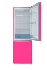 Pink refrigerator Isolated on White Background. Modern Kitchen and Domestic Major Appliances