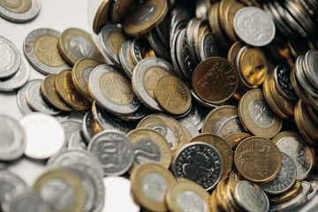 Polish currency coins close up with blurred background