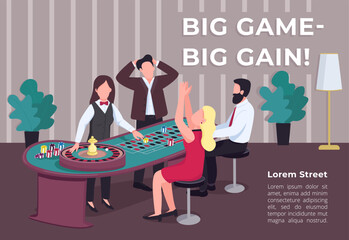 Big game big gain poster flat vector template. Man and woman near roulette table. Bet on red. Stake on black. Brochure, booklet one page concept design with cartoon characters. Casino flyer, leaflet