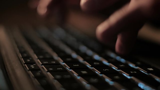 Close Up Shot On Womans Fingers Tapping Laptop Keyboard; Scene Of Girl Working Late At Night From Home Office, Warm Light; Women In Business Handheld Shot