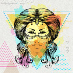 Fototapeta na wymiar Realistic Eastern woman face on artistic polygon watercolor background. Virgo zodiac sign