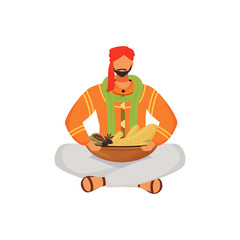 Male Indian with spices flat color vector faceless character. Meditating man, flavourings vendor sitting in lotus position isolated cartoon illustration for web graphic design and animation