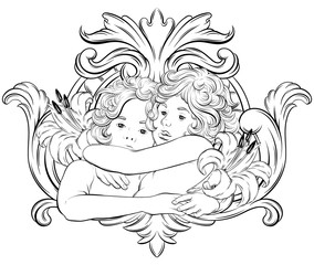 Vector  hand drawn  illustration of hugging cupids with wings and rococo frame . Creative tattoo artwork. Template for card, poster, banner, print for t-shirt, pin, badge, patch.
