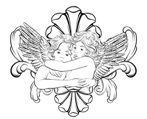 Vector  hand drawn  illustration of hugging cupids with wings and rococo frame . Creative tattoo artwork. Template for card, poster, banner, print for t-shirt, pin, badge, patch.