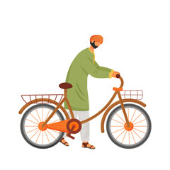Male Indian with bicycle flat color vector faceless character. Cyclist, hindu with bike, man with eco friendly vehicle isolated cartoon illustration for web graphic design and animation
