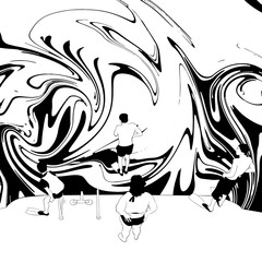 Vector  hand drawn  illustration of people on the boat  .  Surreal  artwork. Template for card, poster, banner, print for t-shirt, pin, badge, patch.