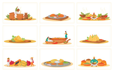 Indian traditional meals flat concept vector illustrations set. Restaurant food cooking and serving metaphors. Hindu cooks and servants, tropical fruits and spice vendors 2D cartoon characters