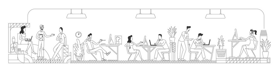 Employees working in creative office thin line vector illustration. Workers at business center outline characters on white background. Modern workspace with computers simple style drawing