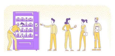 Cashless card payment flat silhouette vector illustration. People buying drinks at vending machine outline characters on white background. NFC service, pay technology simple style drawing