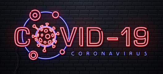 Neon sign COVID-19. Coronavirus Quarantine Warning. Vector illustration