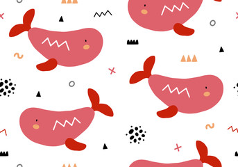 Whale pattern , seamless background with jungle illustartion.
