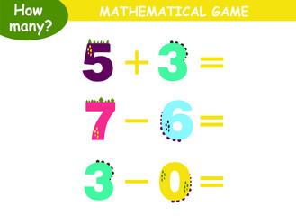 examples of addition and subtraction with dinosaurs. educational page with mathematical examples for children.