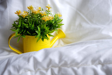 A watering can with flowers on a soft white blanket. Minimalism. Coziness.