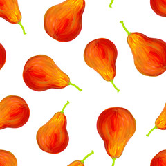 Seamless pattern with orange pear. Fruit background on a white background drawn by gouache. Design for website, print posters, textiles, clothes, bedding, fabrics. Tropical summer fruit
