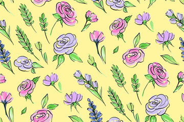 Floral seamless background pattern. Garden flowers hand drawn, vector. Spring summer. Fabric swatch, textile design, wrapping