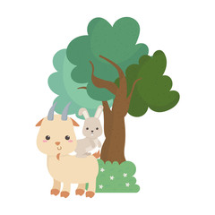Obraz na płótnie Canvas camping cute goat and rabbit bush tree flowers isolated icon design