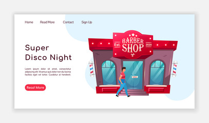 Super disco night landing page flat color vector template. Barbershop homepage layout. Hairdresser one page website interface with cartoon illustration. Grooming salon web banner, webpage