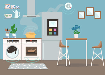Smart kitchen flat color vector illustration. Automated fridge, washing machine, oven and smoke detector. Modern apartment 2D cartoon interior with remote controlled domestic appliances on background