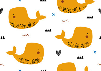 Whale pattern , seamless background with jungle illustartion.