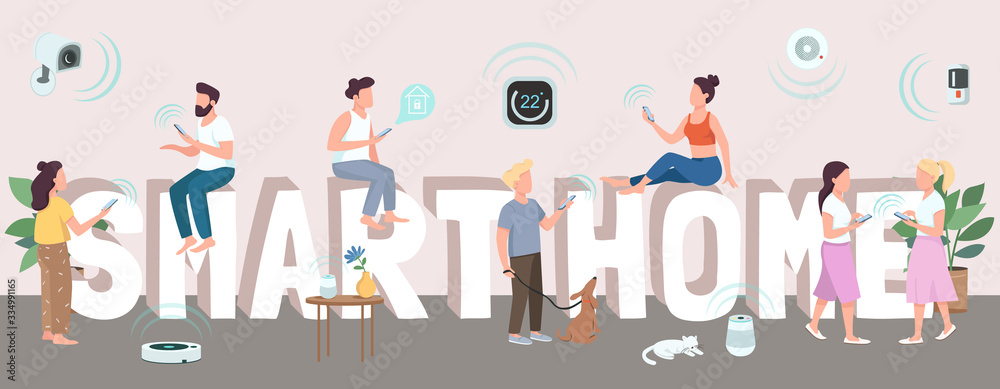 Wall mural smart home word concepts flat color vector banner. typography with tiny cartoon characters. internet
