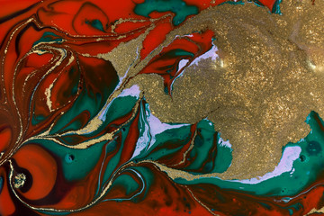 Red, blue and gold abstract paint marble background.