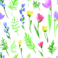 Floral seamless background pattern. Colorful spring flowers hand drawn, vector. Spring summer. Fabric swatch, textile design