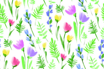 Floral seamless background pattern. Colorful spring flowers hand drawn, vector. Spring summer. Fabric swatch, textile design