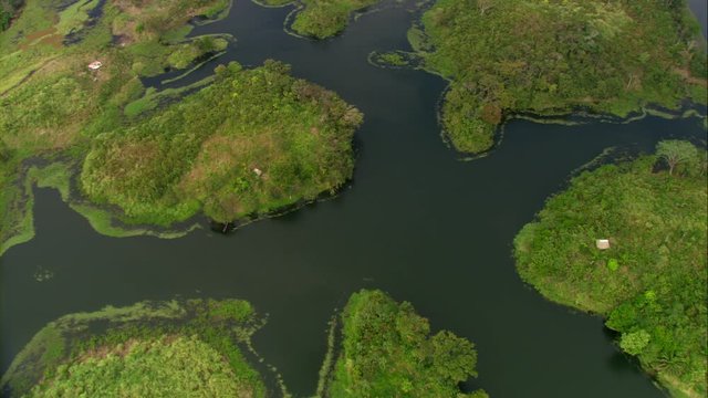 Aerial view of Lake Bayano, small islands with palms and cloud forest in Panama Central America, filmed with Cineflex stabilization camera system